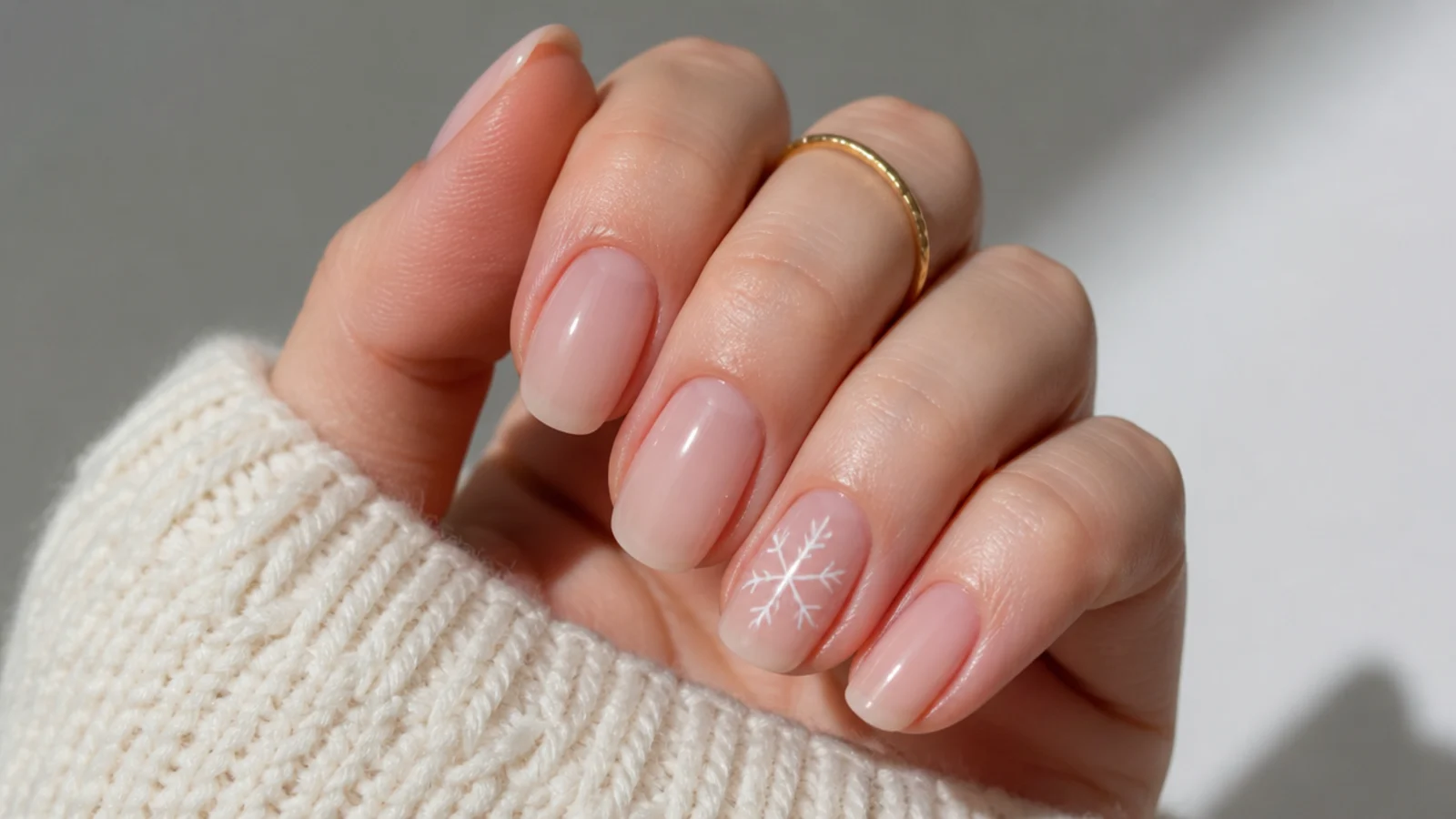 Sheer nude pink nails with a single tiny white snowflake outline