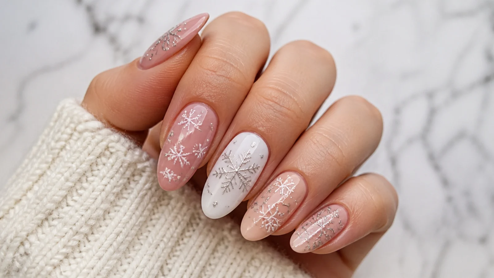 Blush, milky and rose pink swatches with white and silver snowflakes