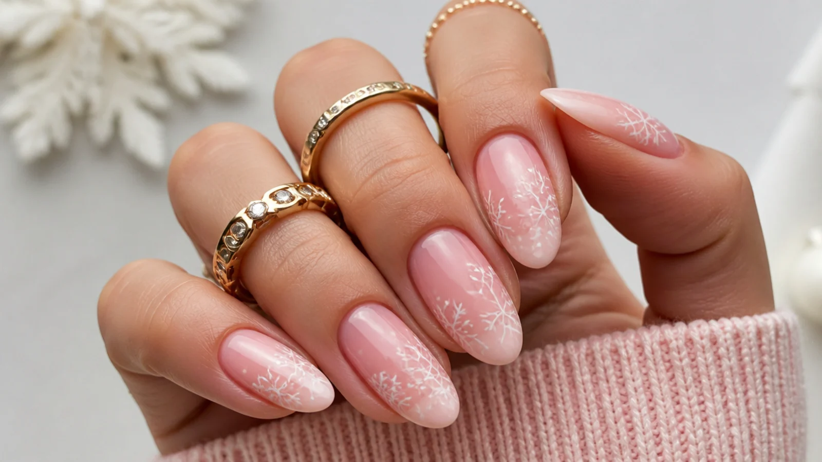 Soft pink snowflake nails with white flakes on a blush almond set