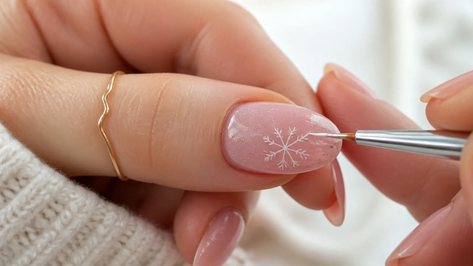 A white six-arm snowflake being drawn on a pink nail with a fine brush