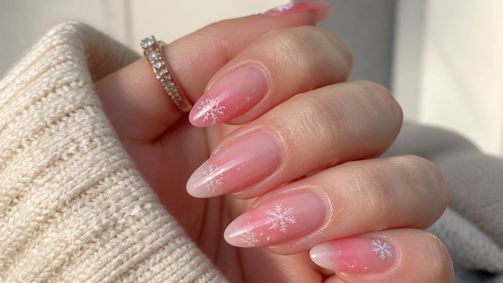 A well-sealed pink snowflake manicure with cuticle oil for longevity