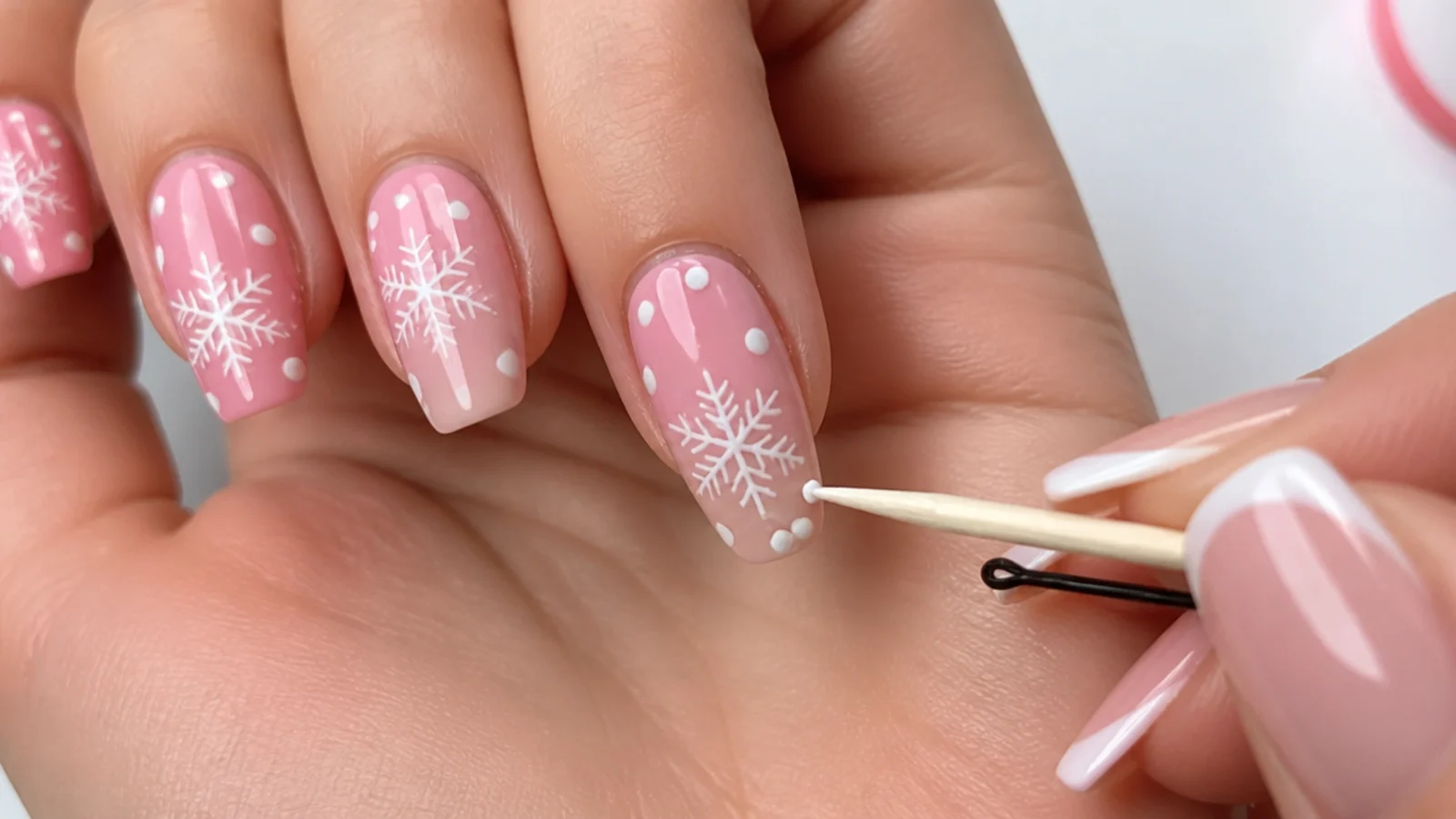 A bobby pin and toothpick placing white dots on a pink snowflake nail