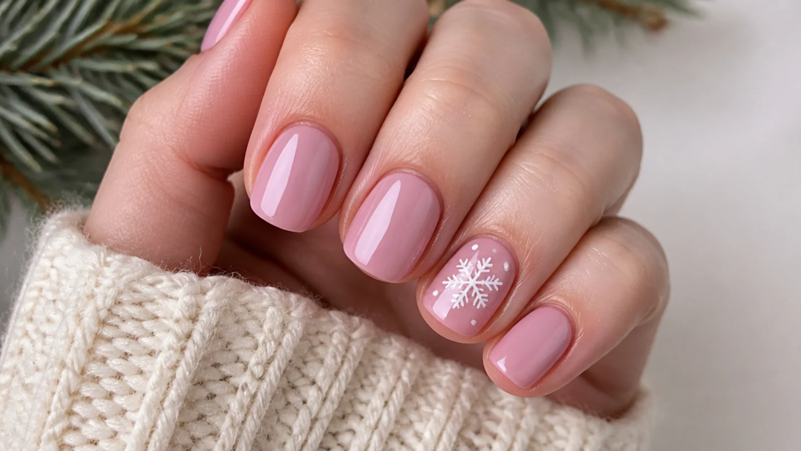 Short rounded pink nails with one compact white snowflake accent