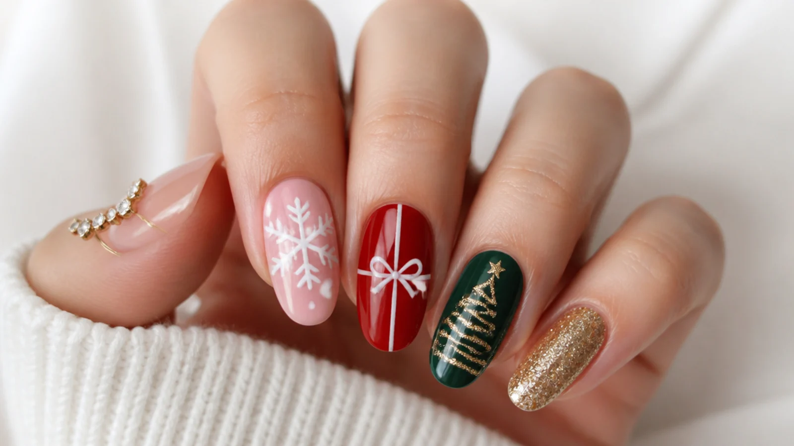 A soft pink snowflake nail beside a red and green Christmas nail