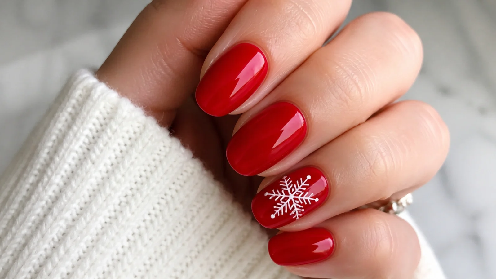 Glossy true red nails with a single white snowflake on the ring finger