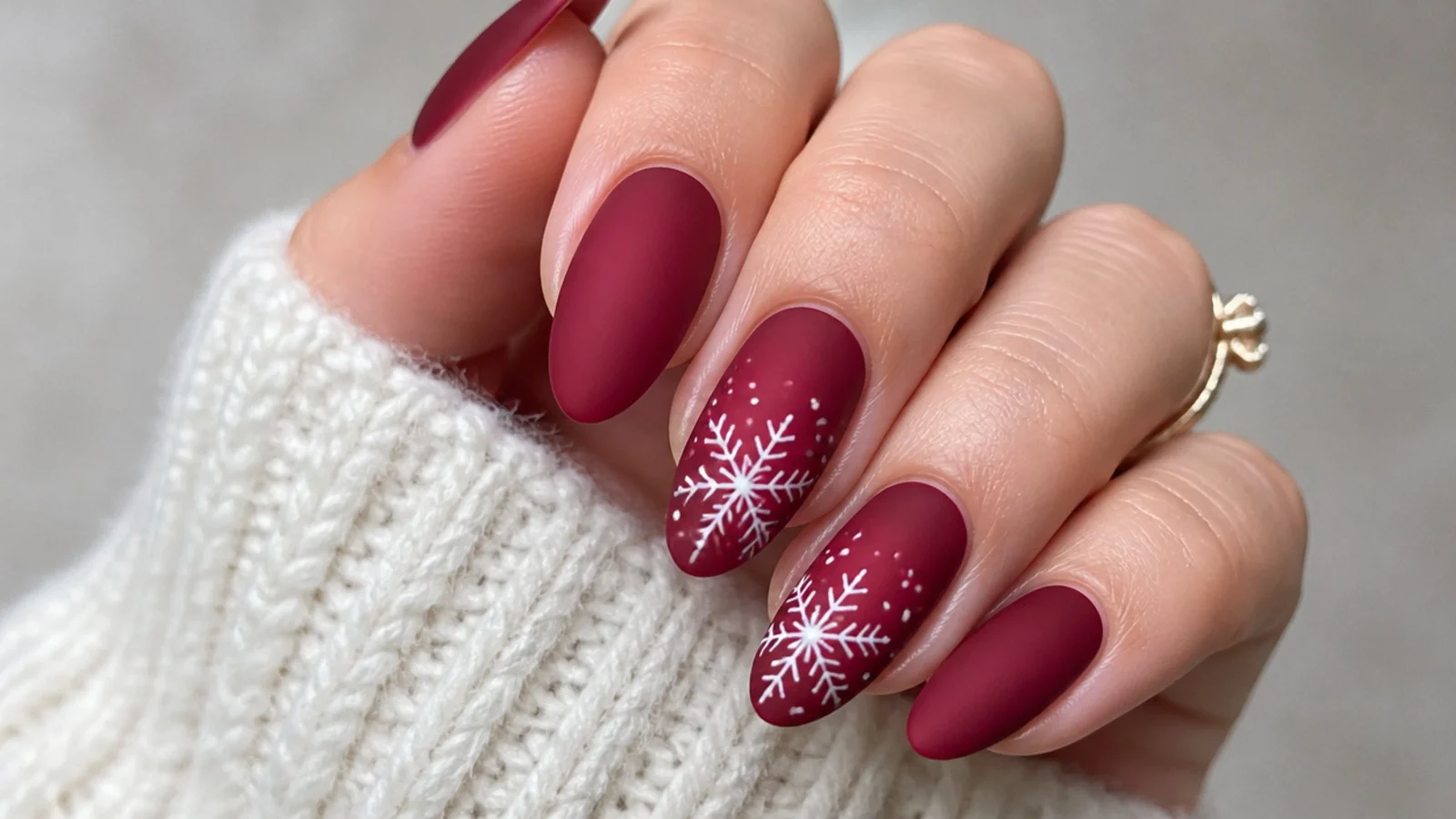 Matte deep cranberry nails with white snowflakes on two accent nails