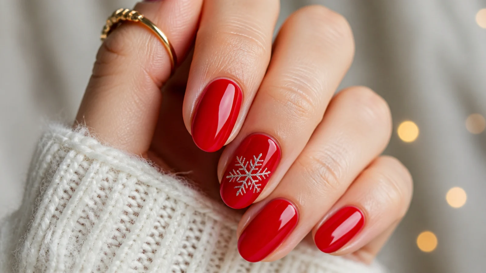 Glossy red nails with a fine silver metallic snowflake accent