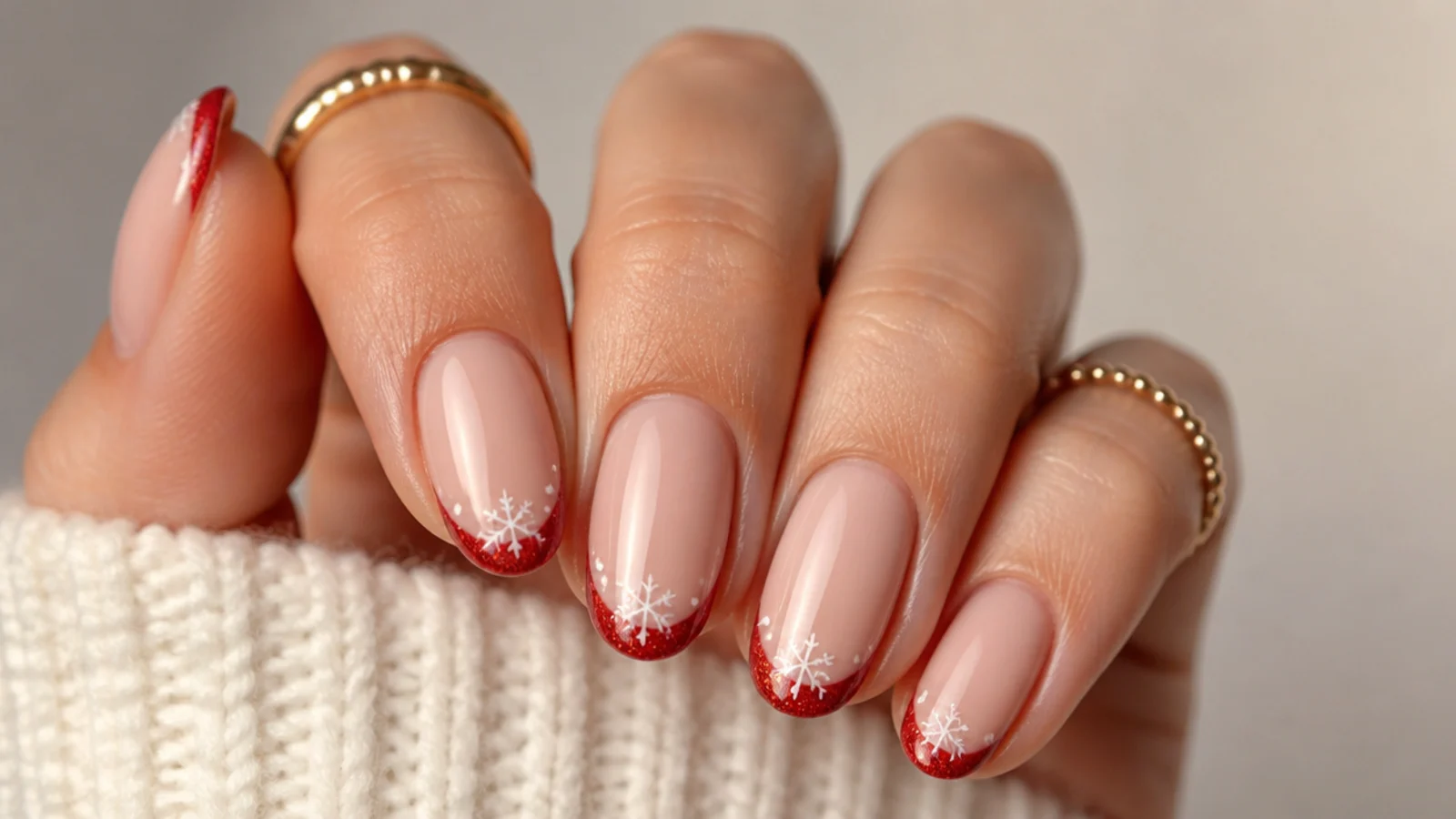 Nude nails with red French tips and small white snowflakes over the tips