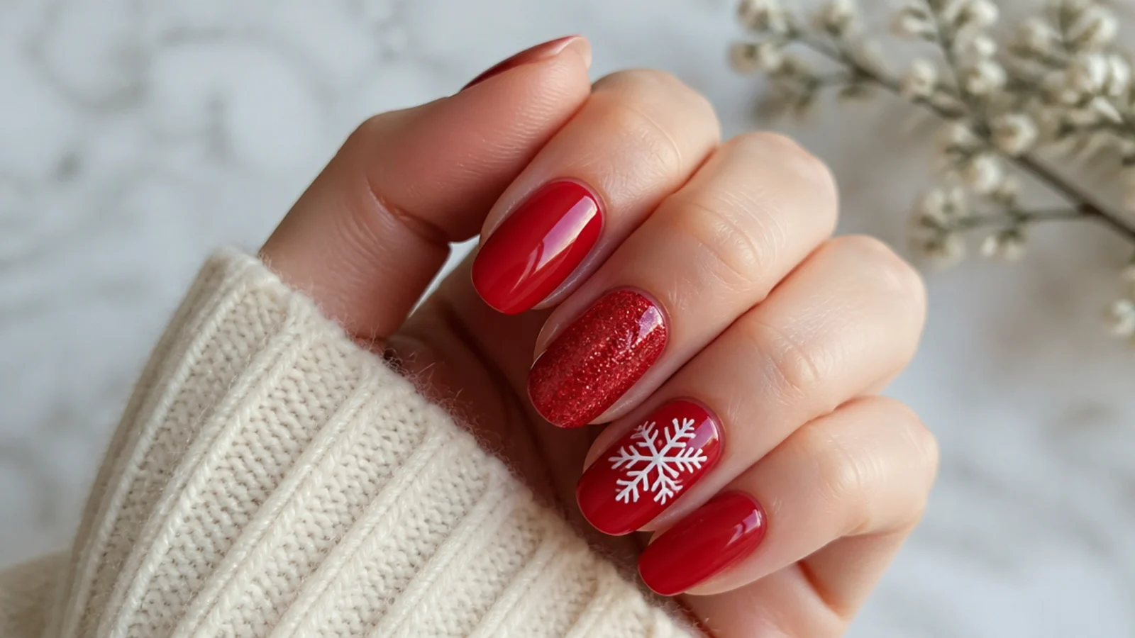 Glossy red nails with one sparkling red glitter accent nail and white snowflake