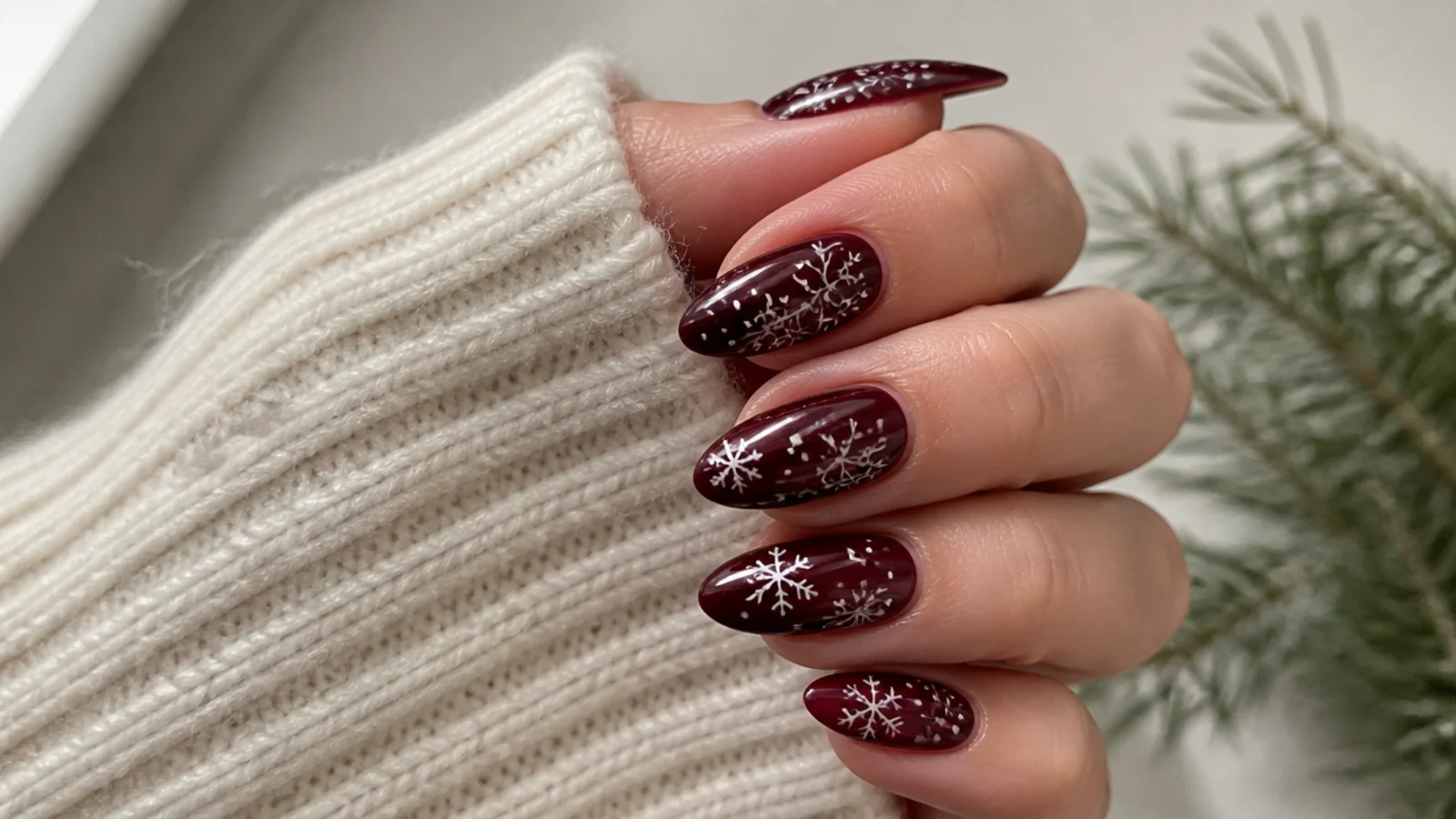 Deep oxblood red nails with delicate white snowflakes on an almond shape
