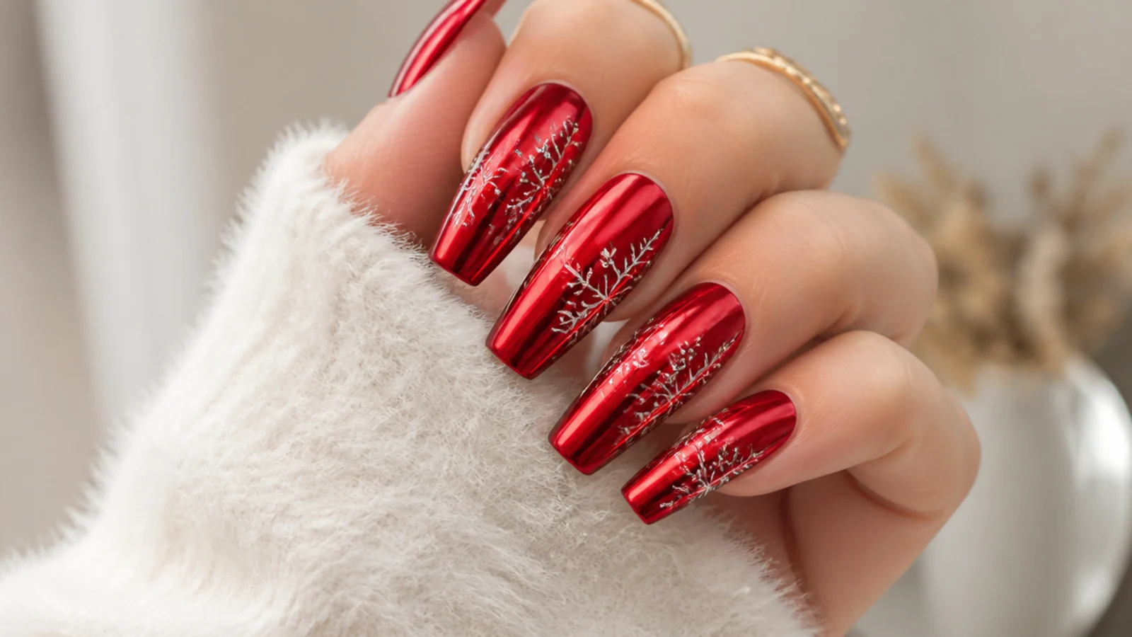 Mirror red chrome nails with silver snowflakes on a coffin shape
