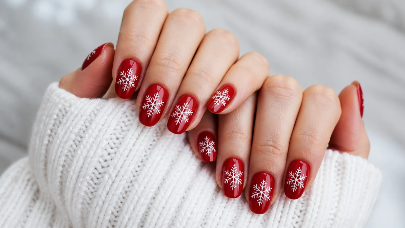 Glossy red nails with a white snowflake centered on all ten nails