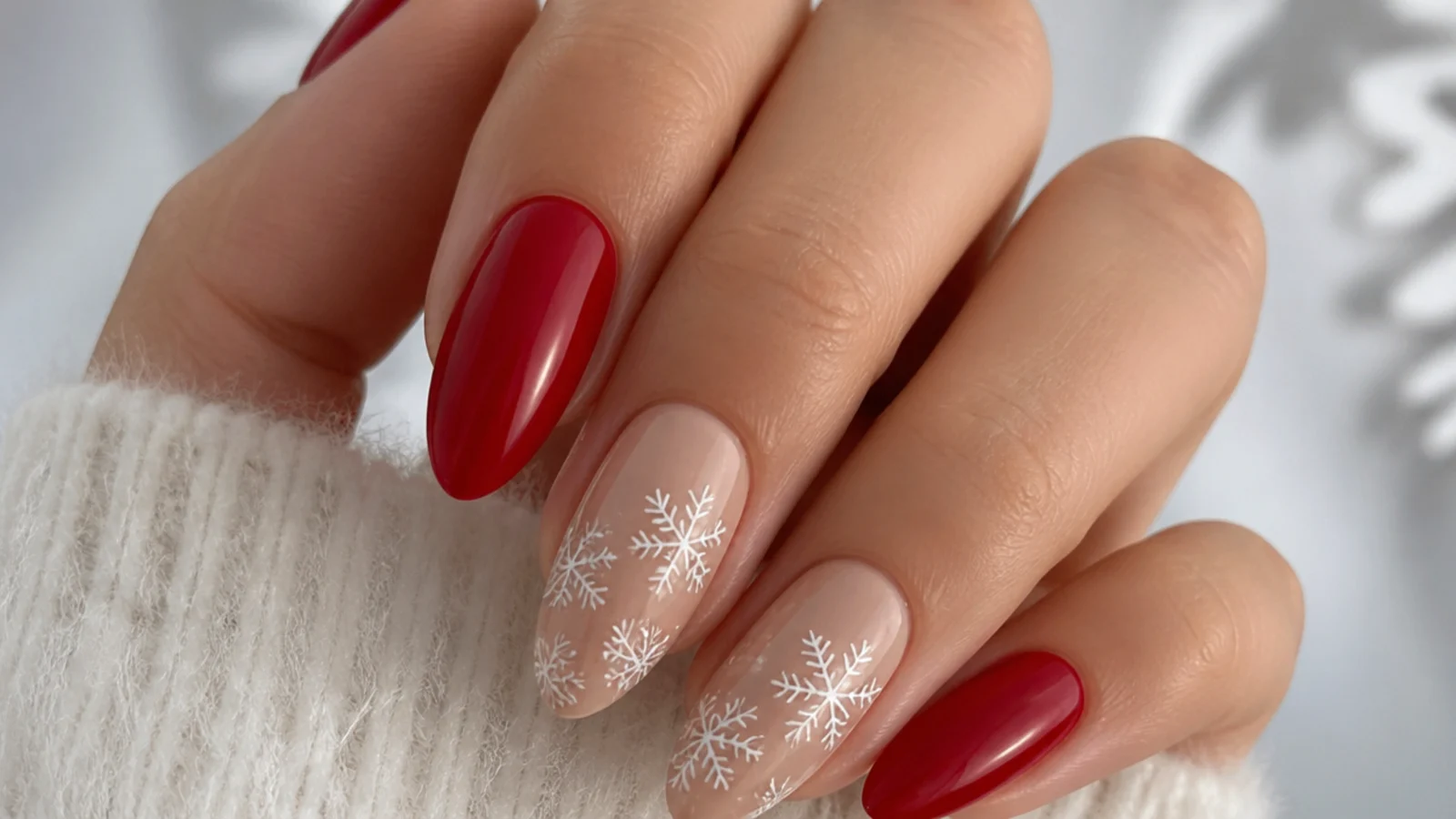 Alternating red and nude nails with white snowflakes on the nude nails