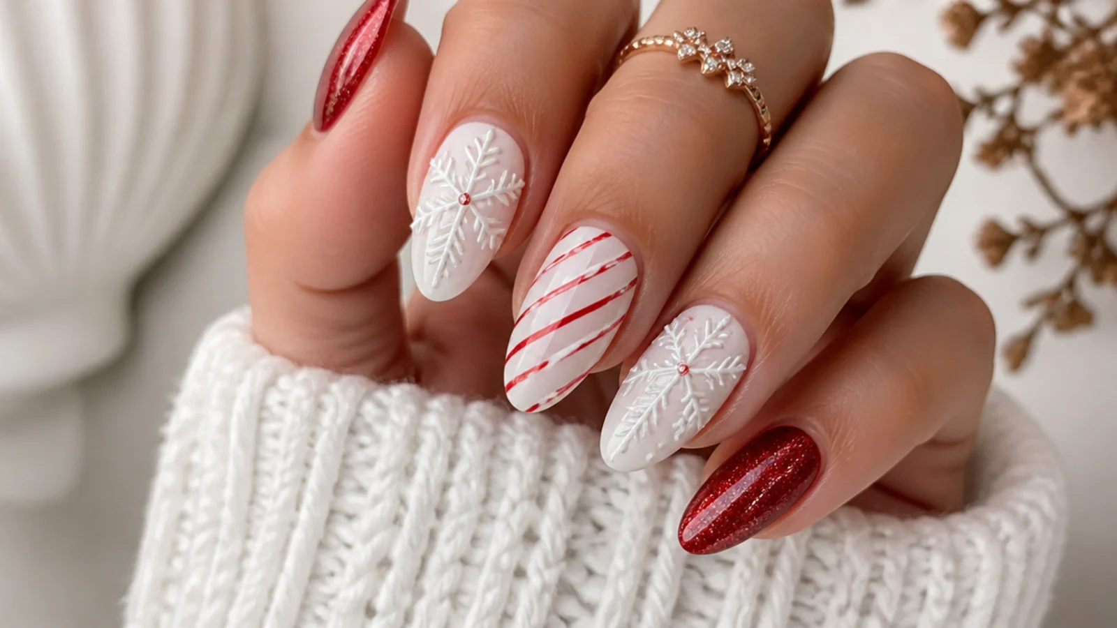 Red and white candy cane stripe nails with white snowflake accent nails