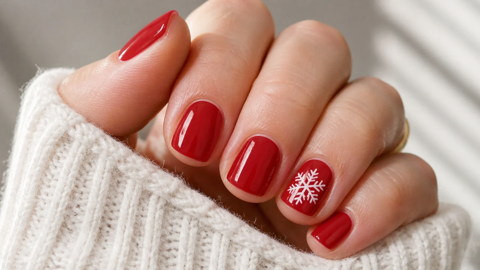 Short glossy red nails with one small white snowflake accent nail