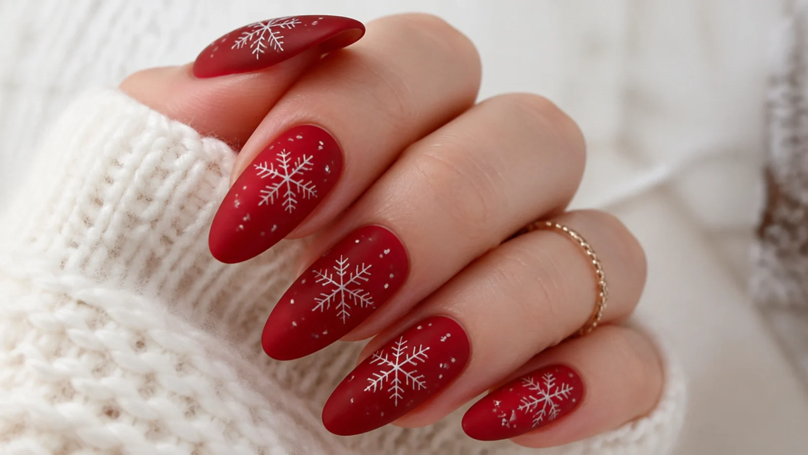 Matte velvety red nails with soft white snowflakes on almond nails