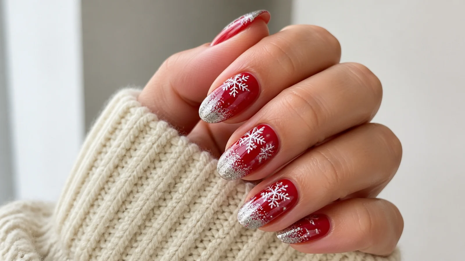 Glossy red nails with silver glitter tips and white snowflakes