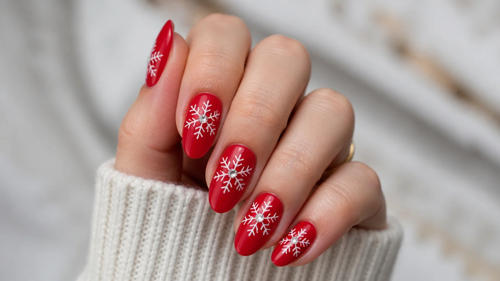 Glossy red nails with white snowflakes centered by clear rhinestones
