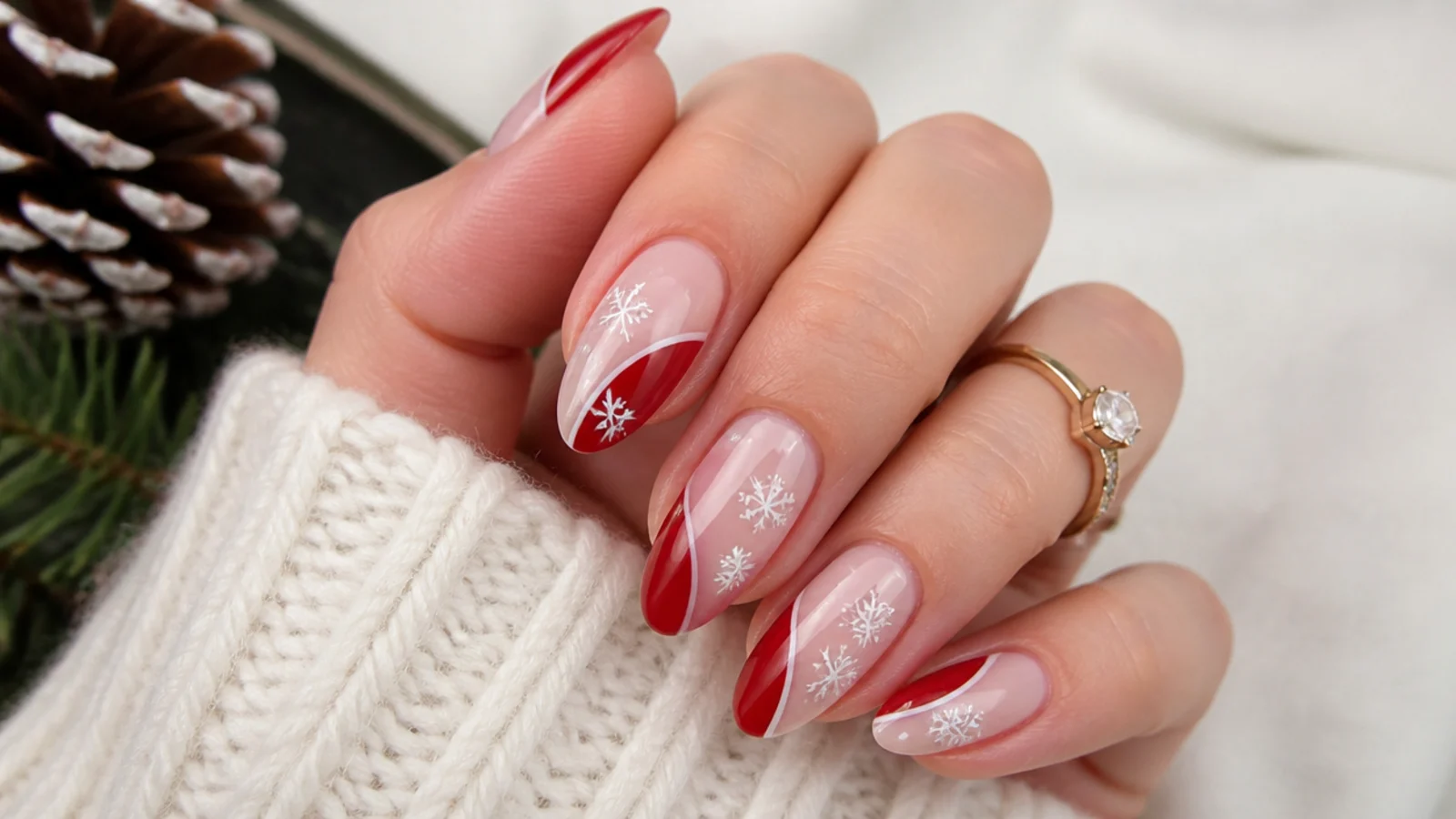 Nails with red sections and clear negative space with white snowflakes