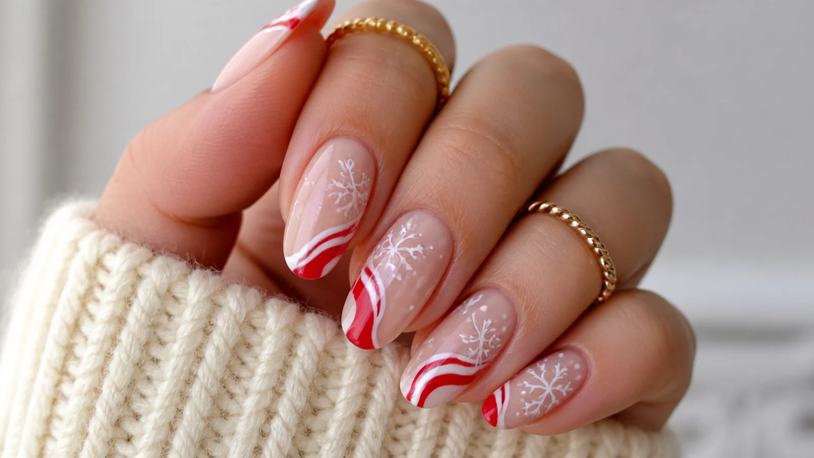 Nude nails with wavy red swirl French tips and white snowflakes