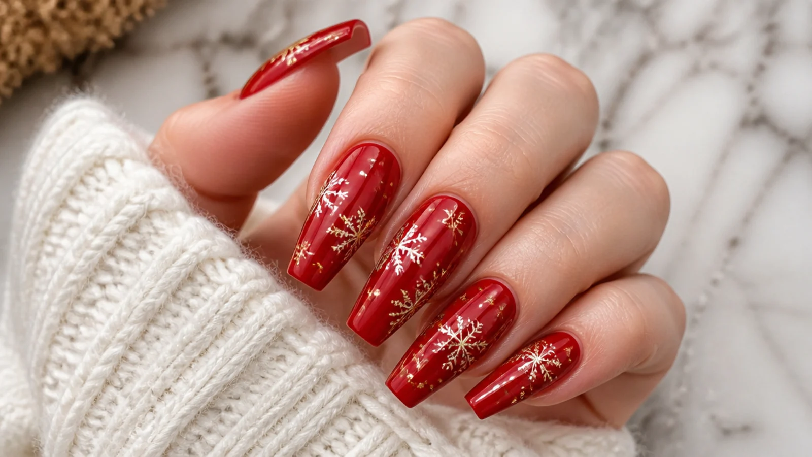 Glossy red nails with gold foil snowflakes on a coffin shape