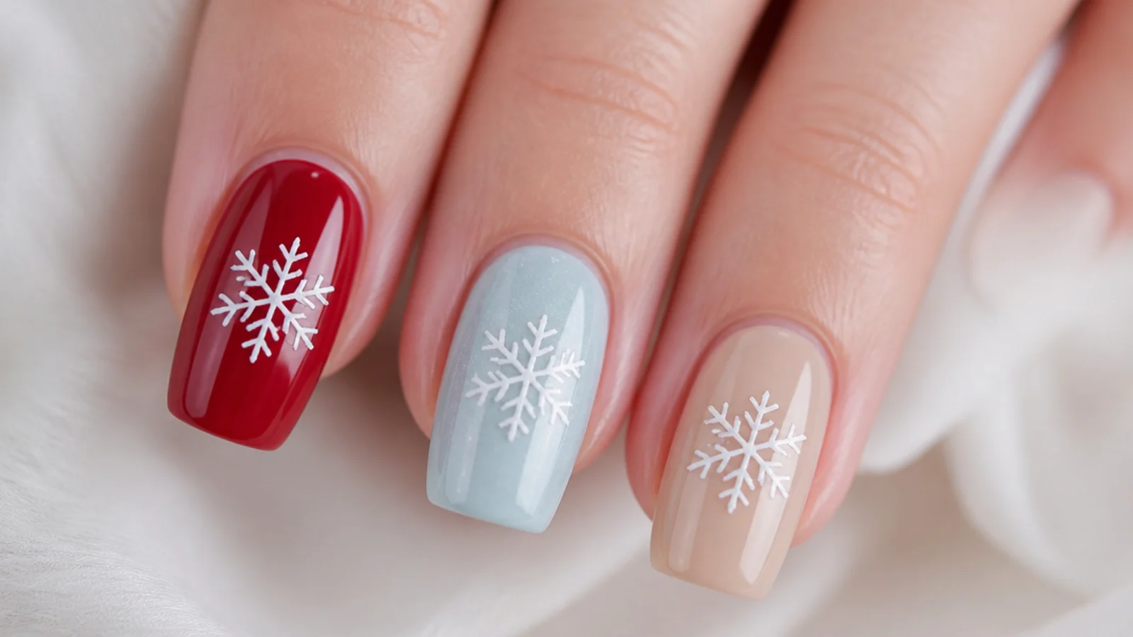 Red, icy blue and nude nails each with a white snowflake for comparison
