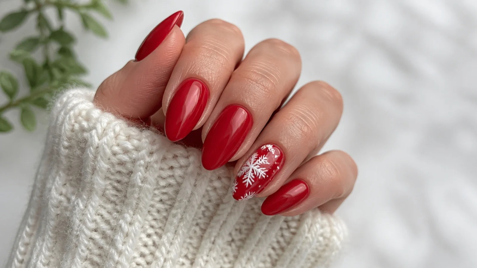 Glossy red nails with white snowflakes painted on an accent nail