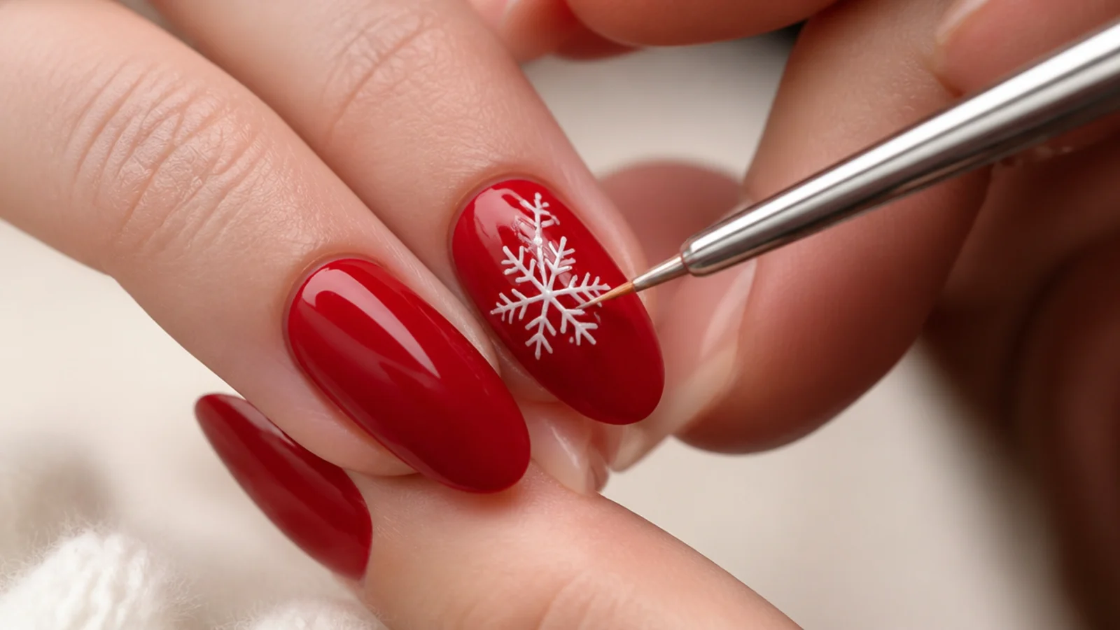 A fine brush drawing a white six-arm snowflake on a glossy red nail