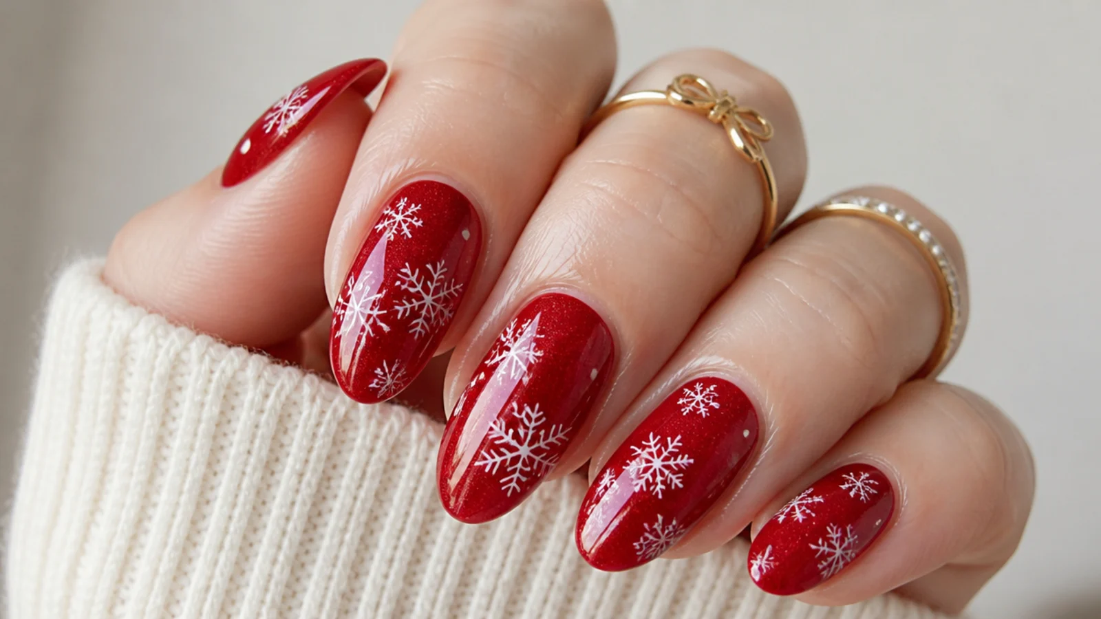 A well-sealed red snowflake manicure with cuticle oil for longevity
