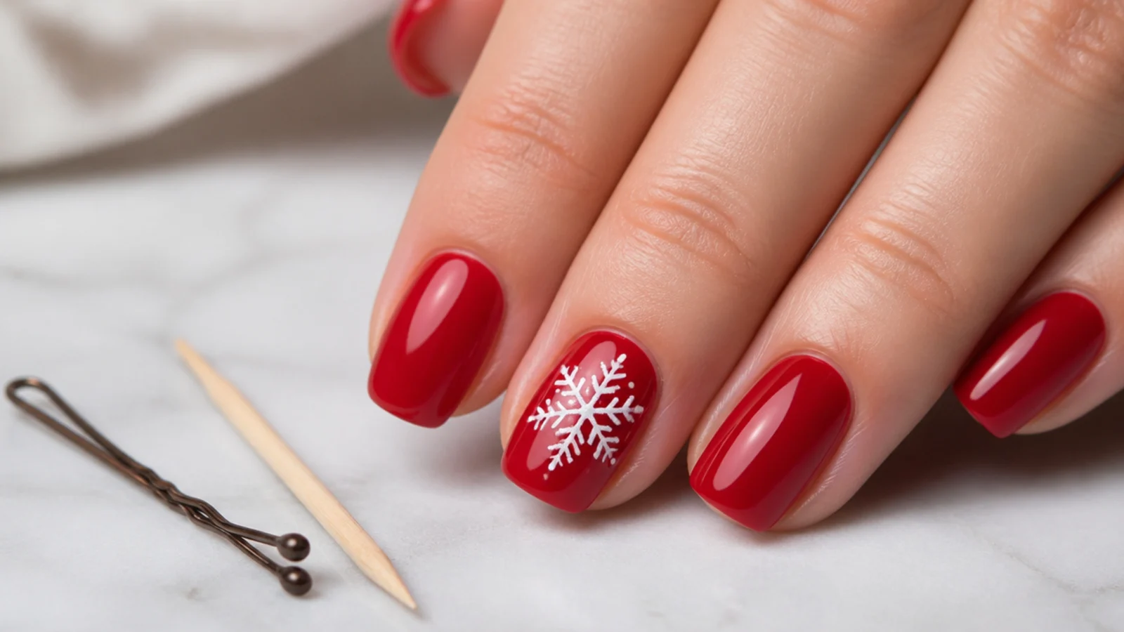 A bobby pin and toothpick beside a red nail with a white snowflake