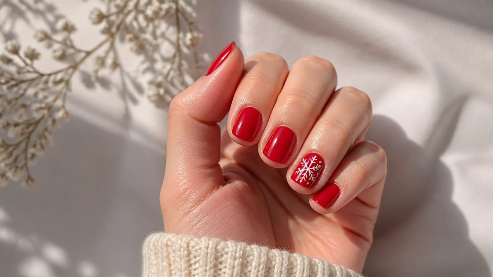 Short glossy red nails with one small white snowflake accent nail