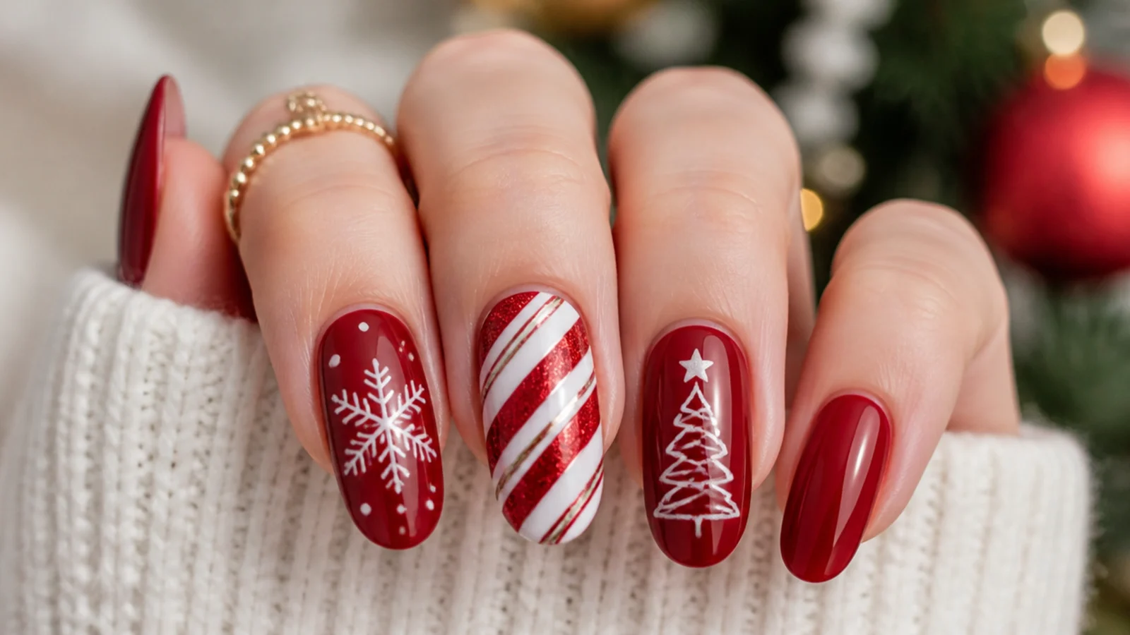 A snowflake nail beside candy cane and tree Christmas nails on red