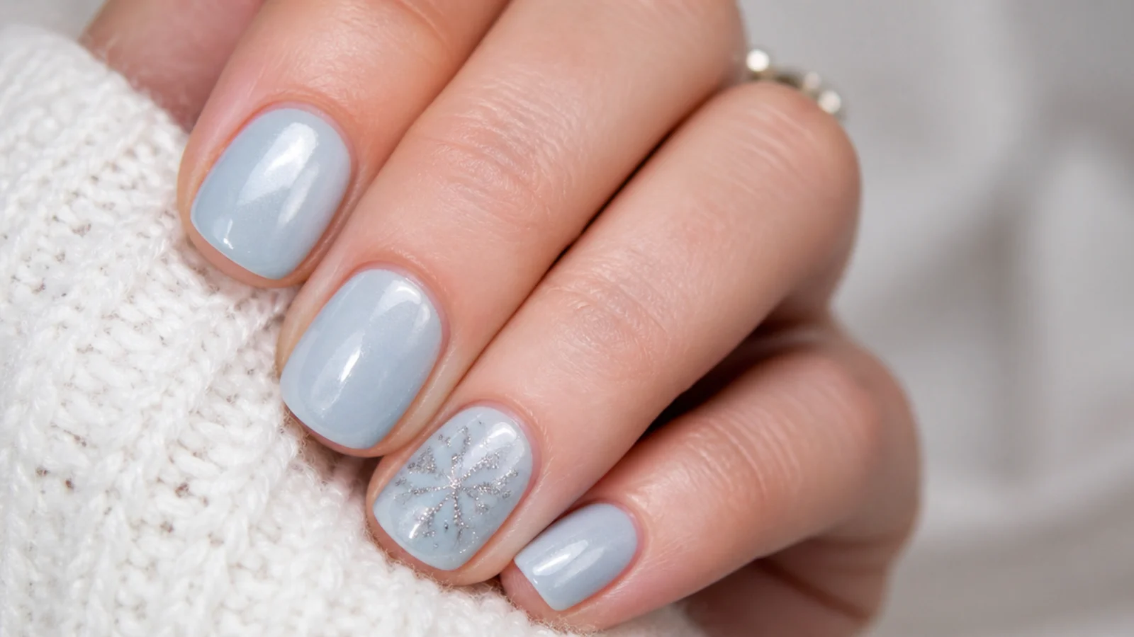 Short icy blue nails with a silver glitter snowflake accent
