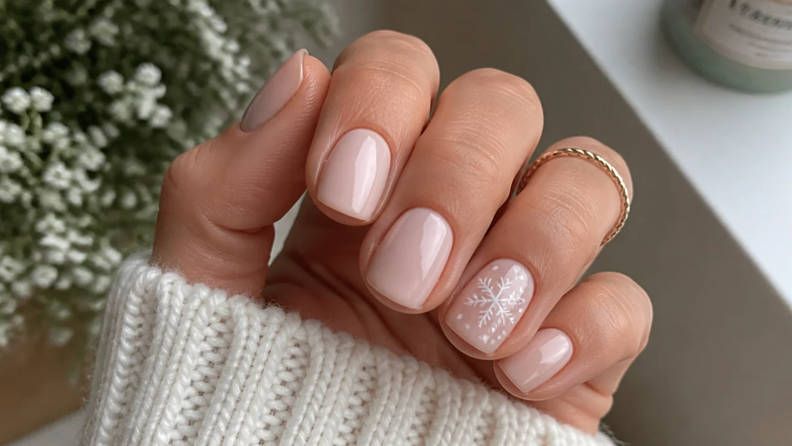 Short milky nude nails with a soft white snowflake accent nail