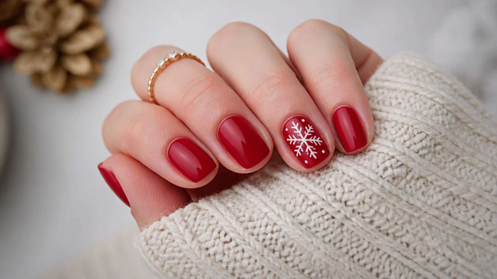 Short red nails with a white snowflake accent nail