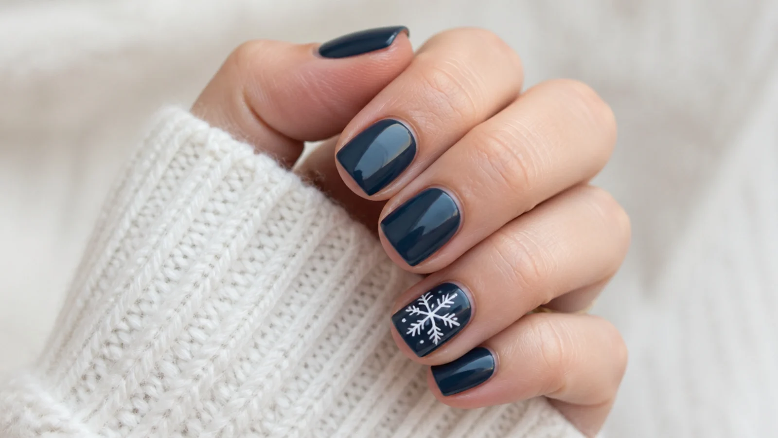 Short navy blue nails with a white snowflake accent