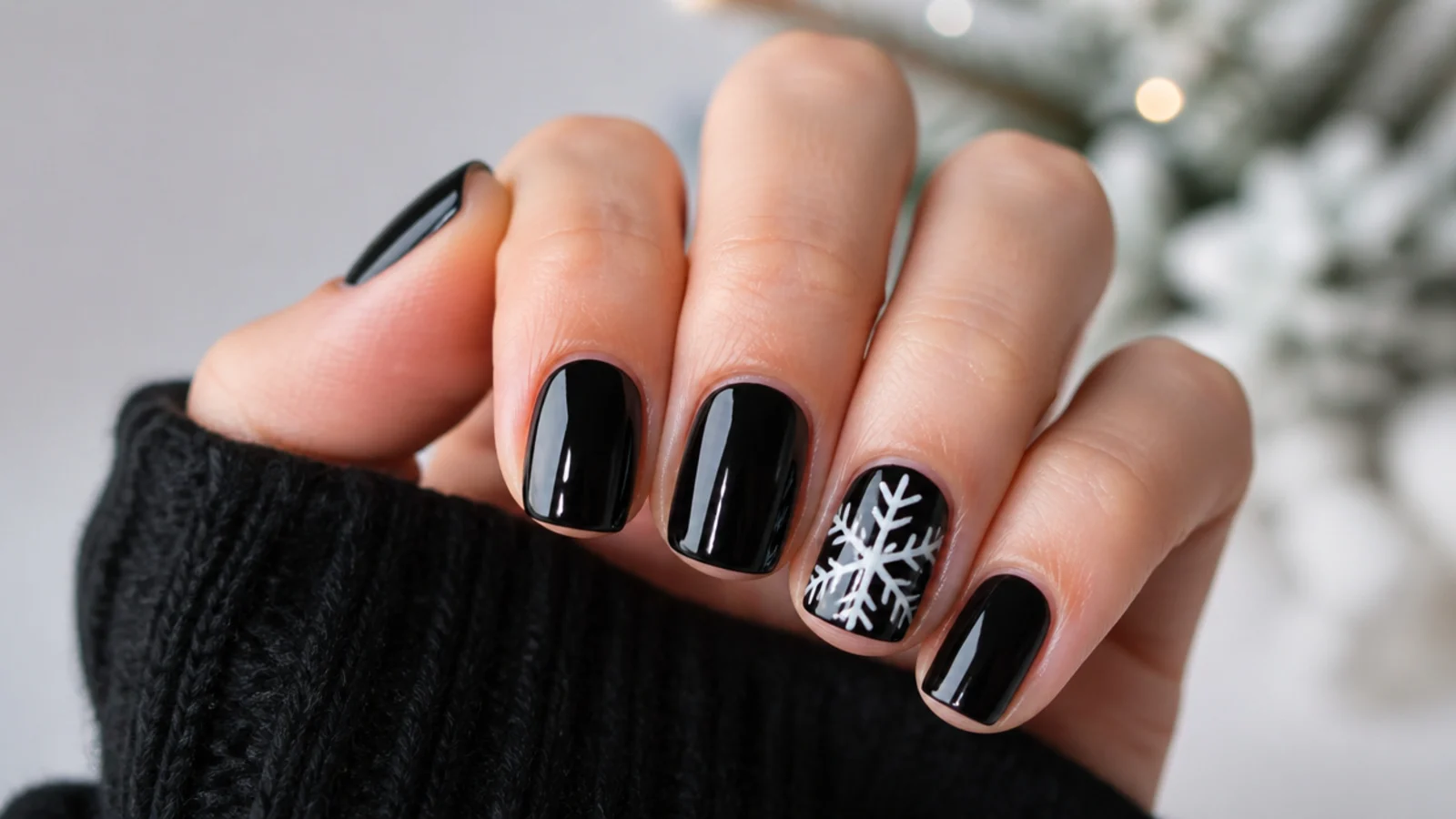 Short black nails with a white snowflake accent nail