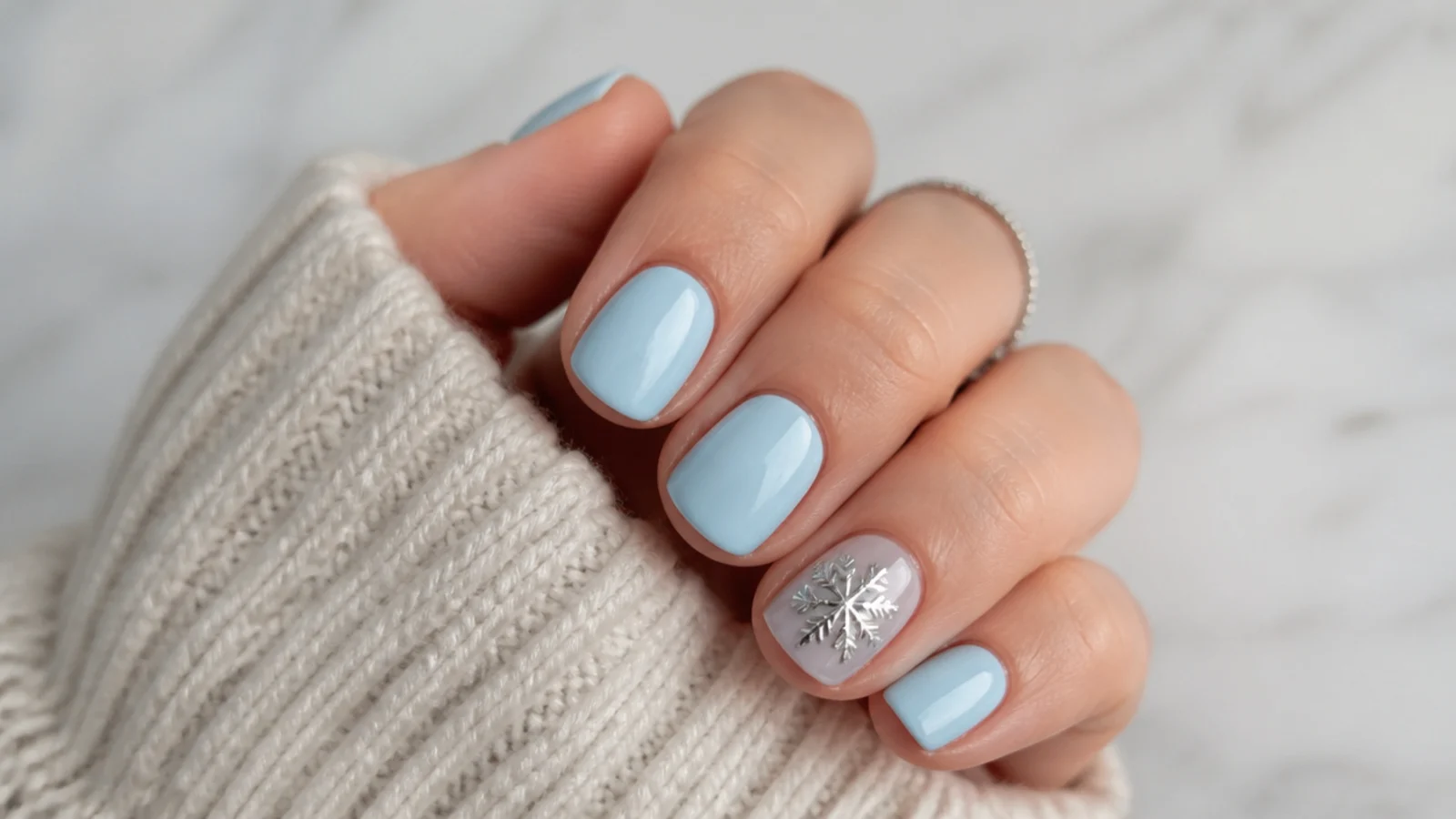 Short icy blue nails with a mirror silver chrome snowflake accent