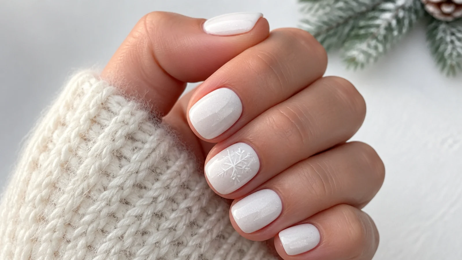 Short white nails with a tonal white snowflake accent