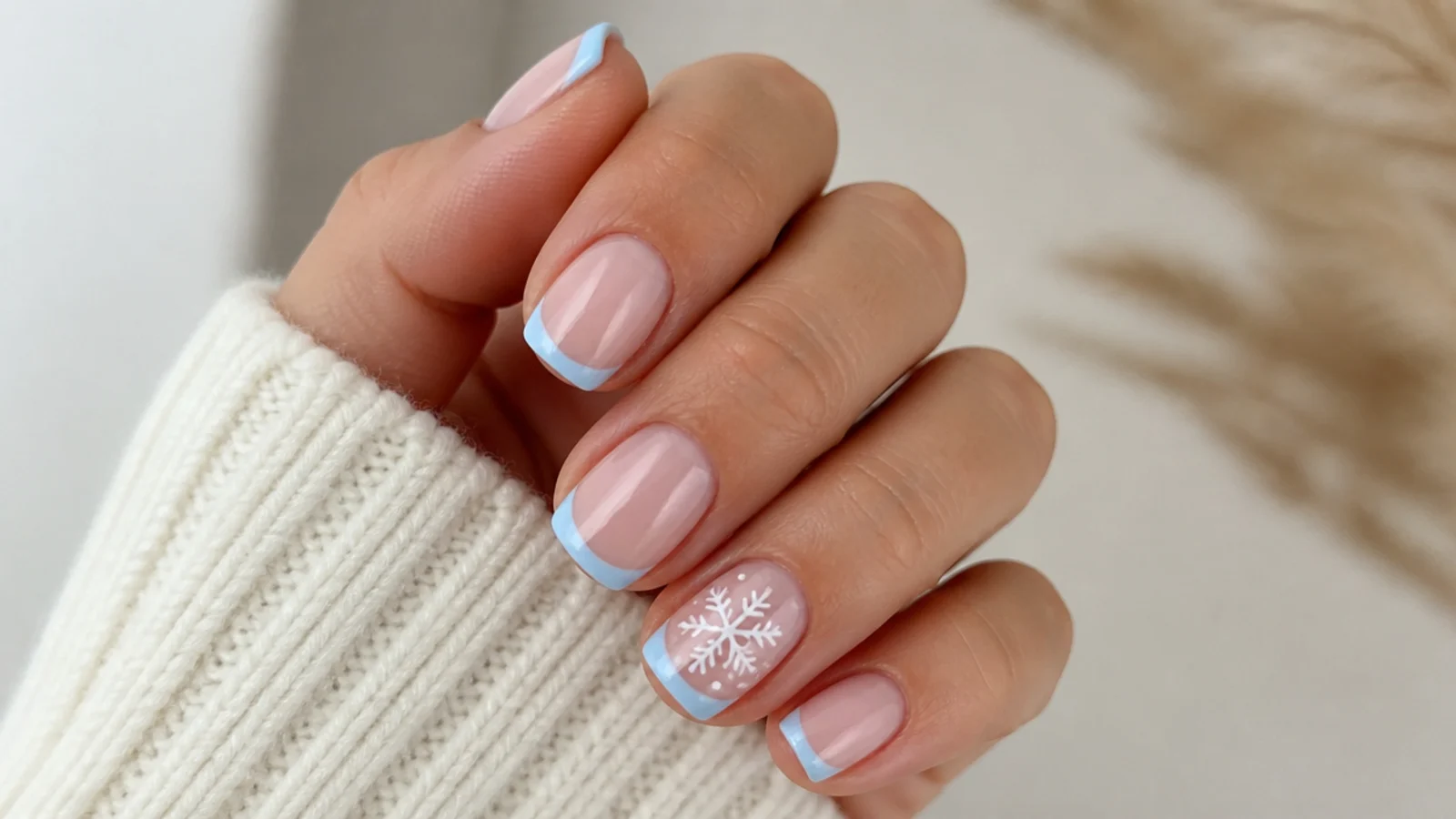 Short nude nails with baby blue French tips and a snowflake accent