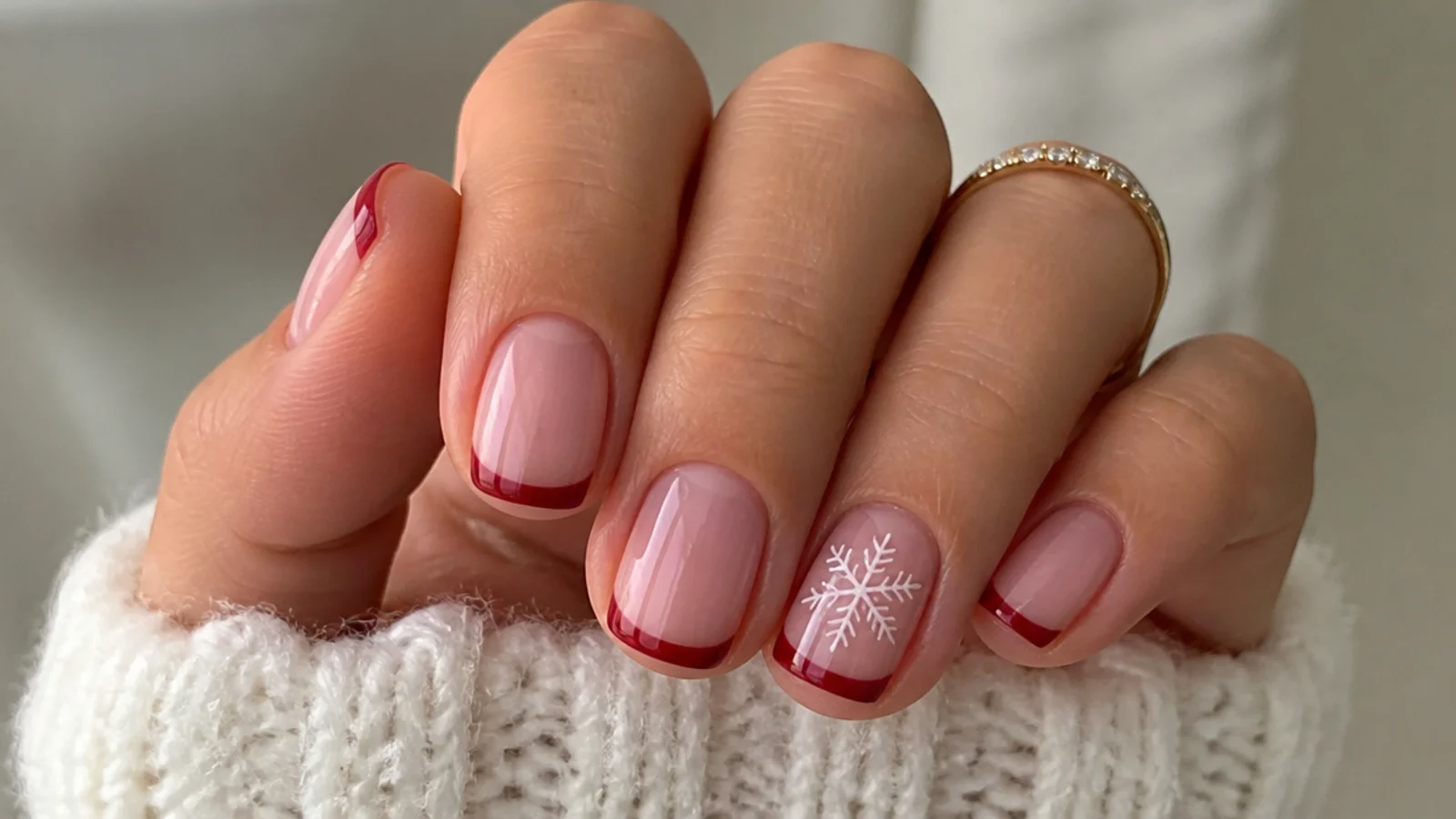 Short nude nails with red French tips and a white snowflake accent