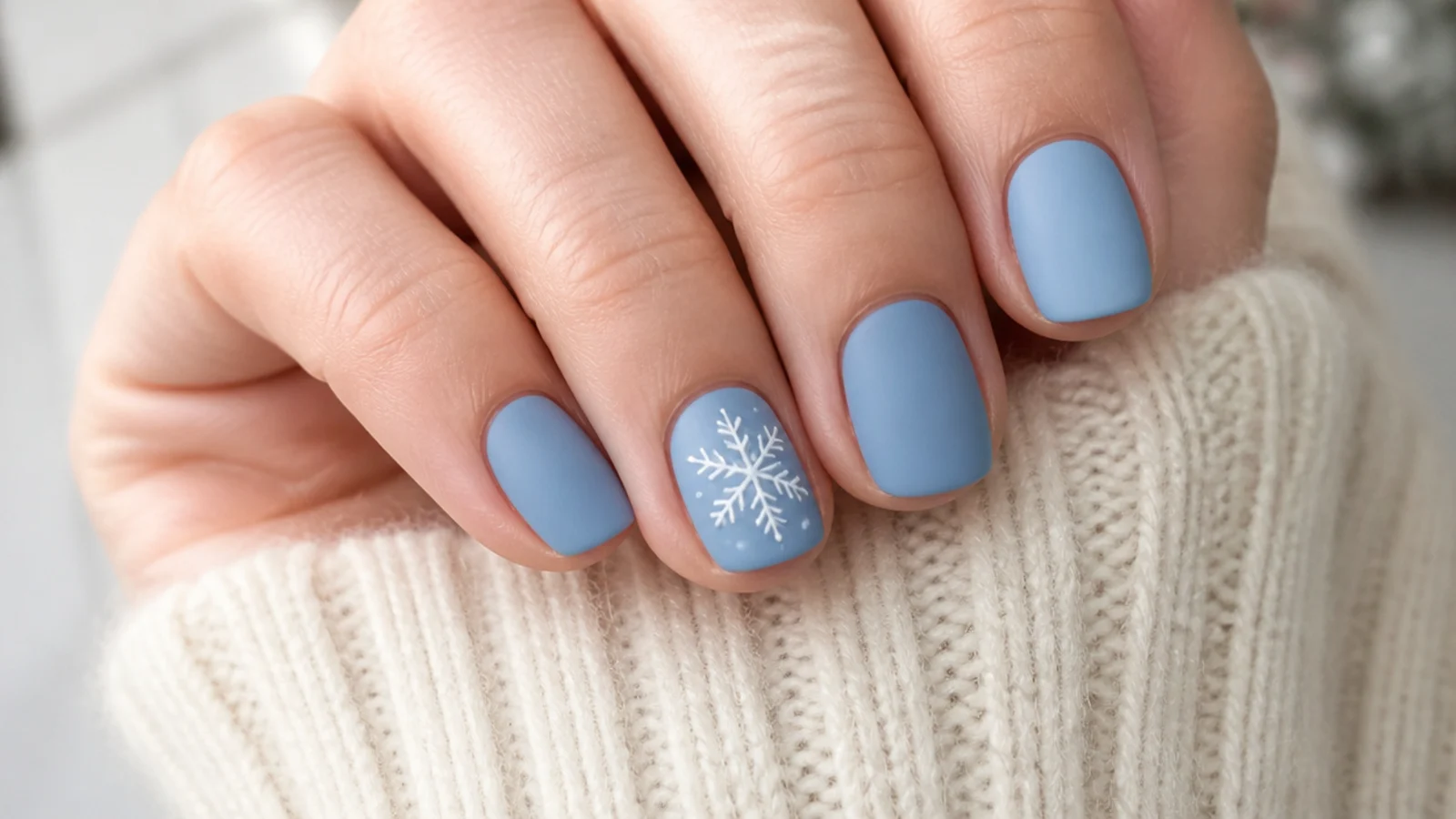 Short matte icy blue nails with a white snowflake accent
