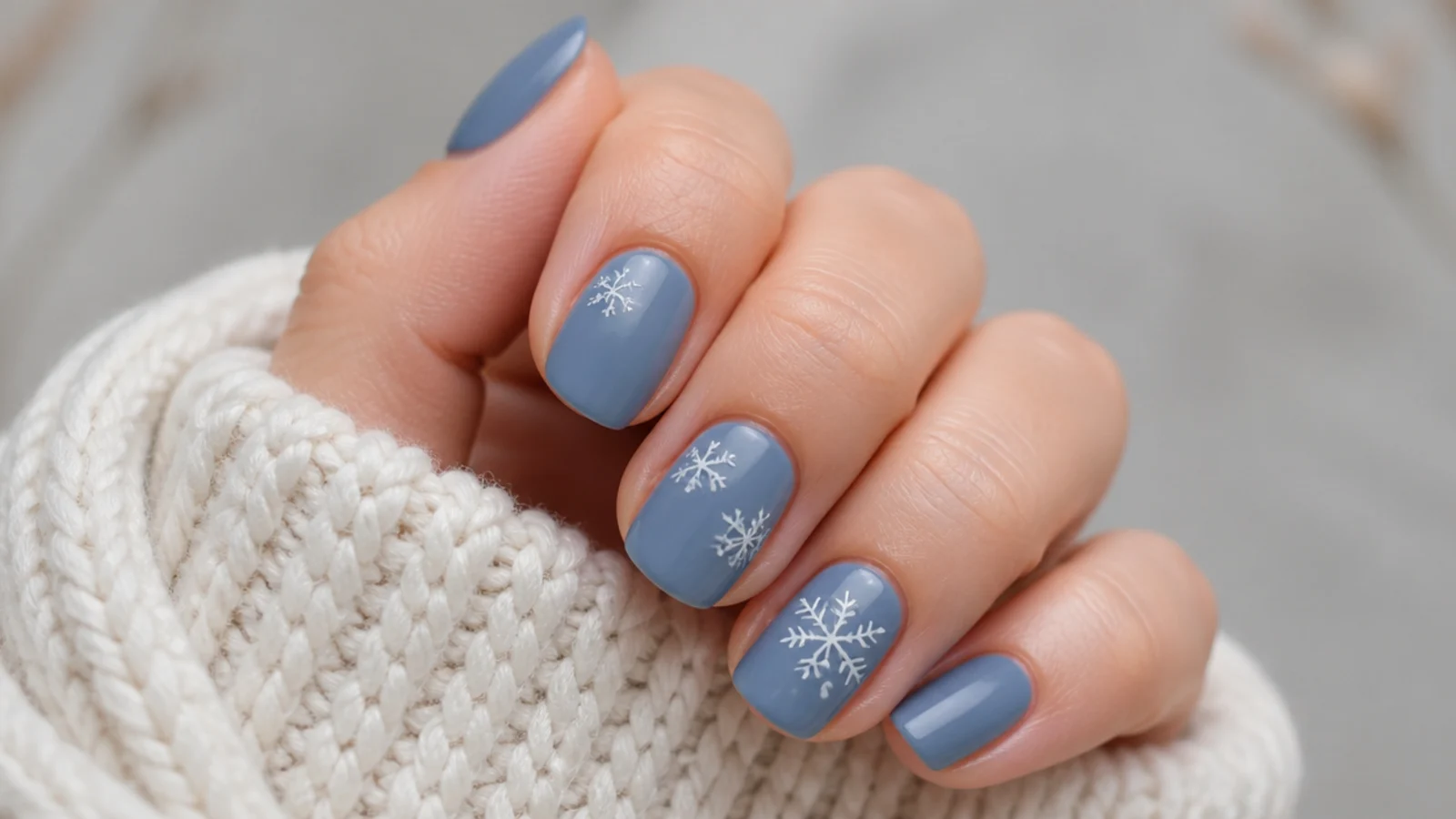 Short dusty blue nails with a few small scattered white snowflakes