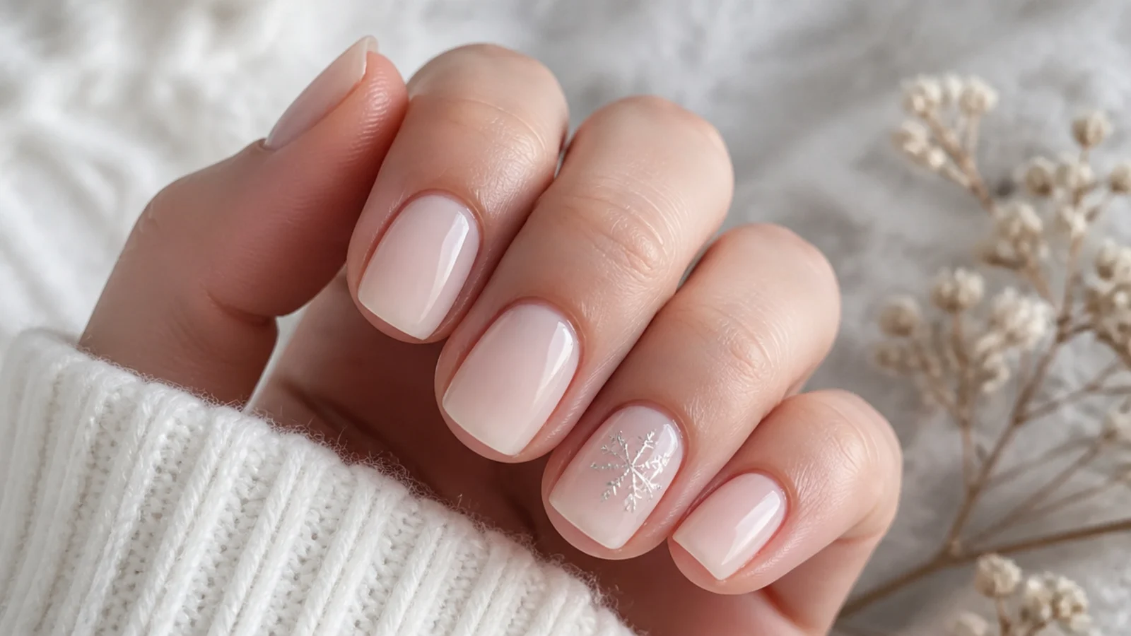 Short milky nude nails with a delicate silver snowflake accent