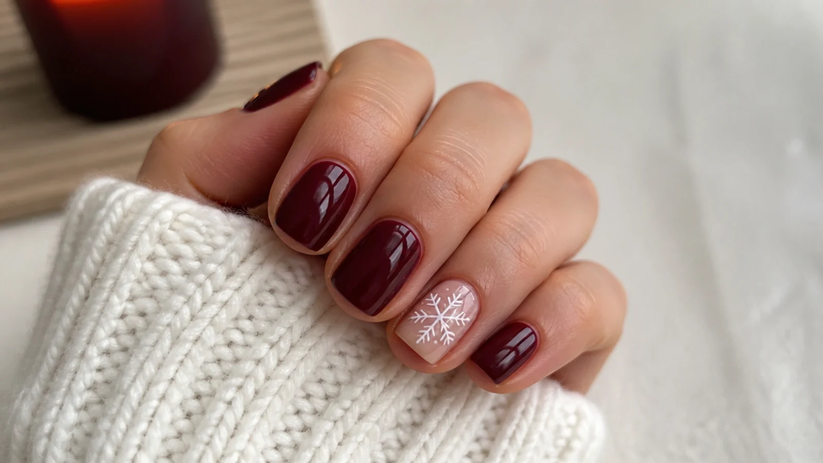 Short burgundy nails with a white snowflake accent nail