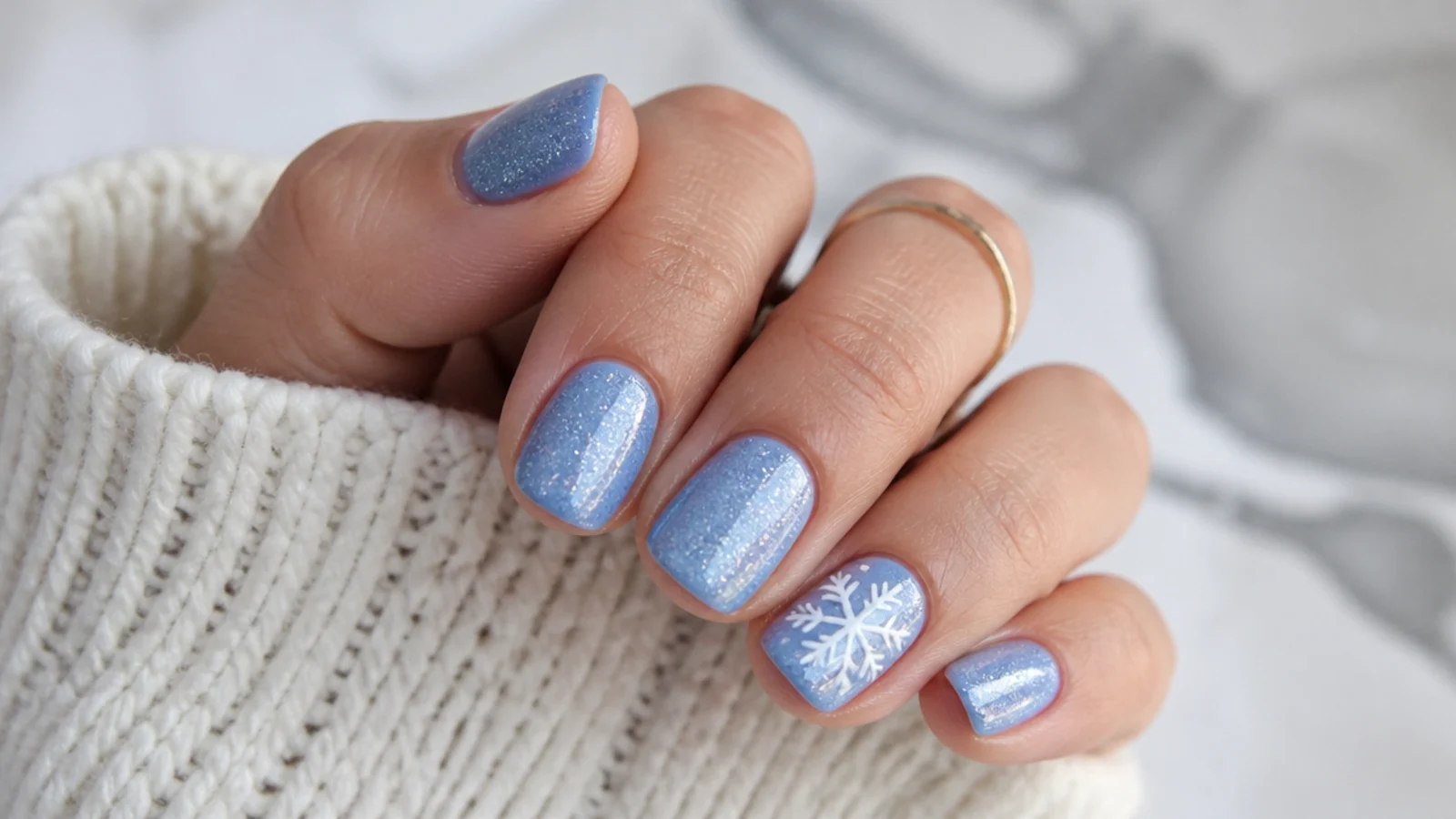Short powder blue glitter nails with a white snowflake accent