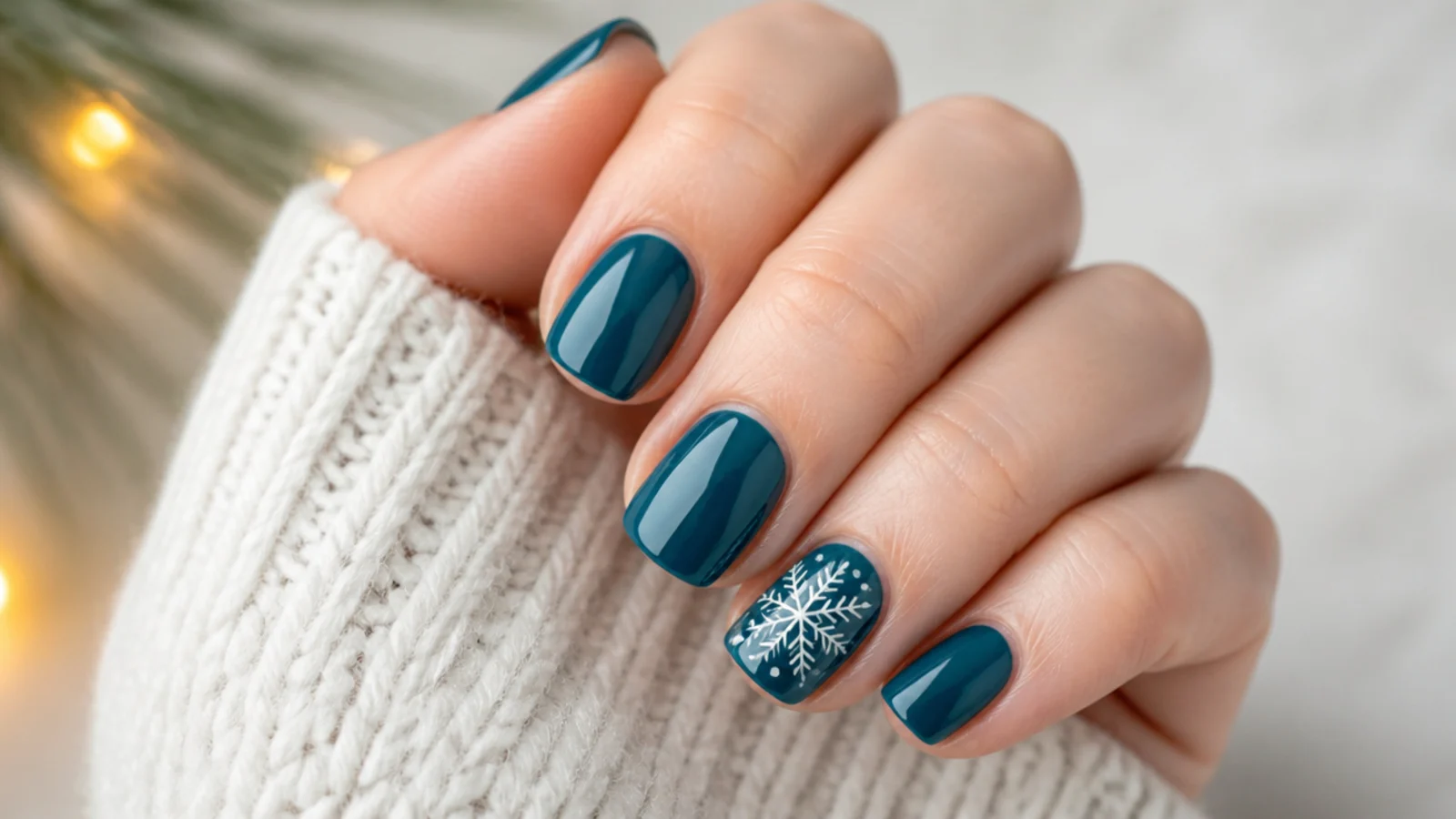 Short teal nails with a white snowflake accent nail