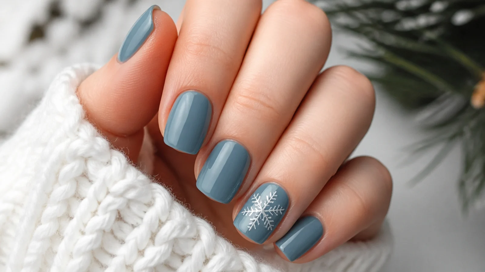 Short gray blue nails with a small white snowflake accent