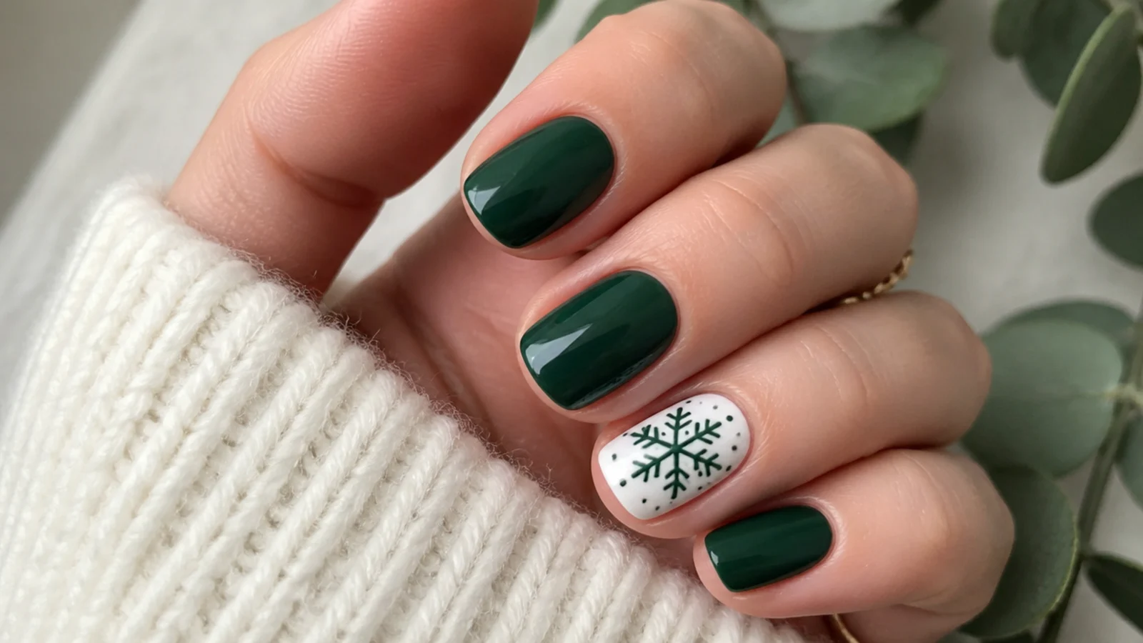 Short deep green nails with a white snowflake accent nail