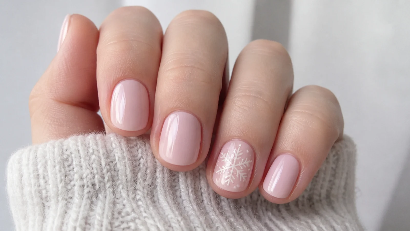 Short pale pink nails with a white snowflake accent nail